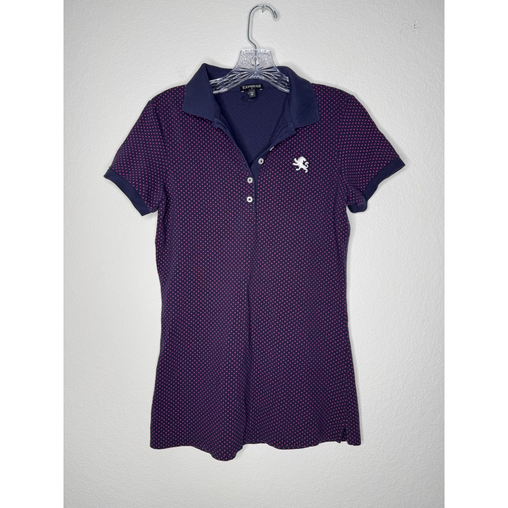 Express Navy‎ Pink Polka Dot Cotton Pique Polo Shirt Lion Logo Women's Size M
